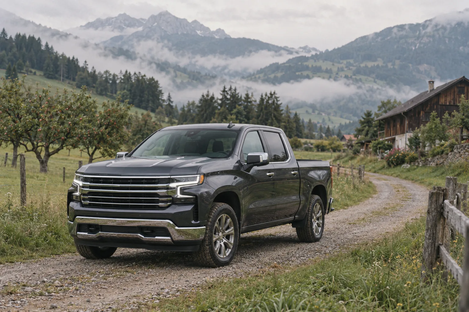 Dunkelgrauer Chevrolet Silverado 1500 Crew Cab auf einem Schotterweg in der steirischen Hügellandschaft